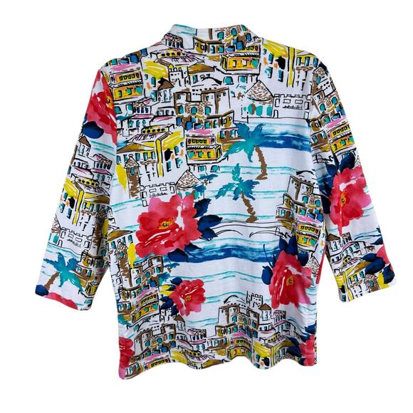 Knit Chic Colorful Beachy Floral Print Full Zip 3/4 Sleeve Jacket Pockets Size M - Picture 2 of 6